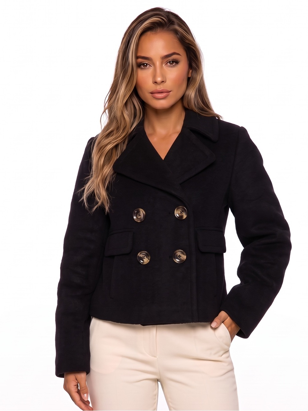 BANANA REPUBLIC Double Breasted Wool Blend Cropped Peacoat in Black Y2K Buttons
